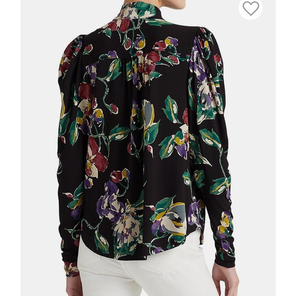 Lauren Ralph Lauren Black Floral Print Jersey Tie Neck Blouse Long Puff Sleeve M - Picture 3 of 9